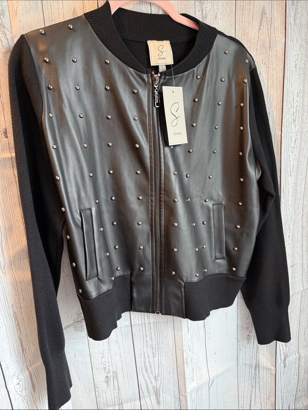 Sioni Black Faux Leather Zip Front Bomber Jacket Sweater Large NWT